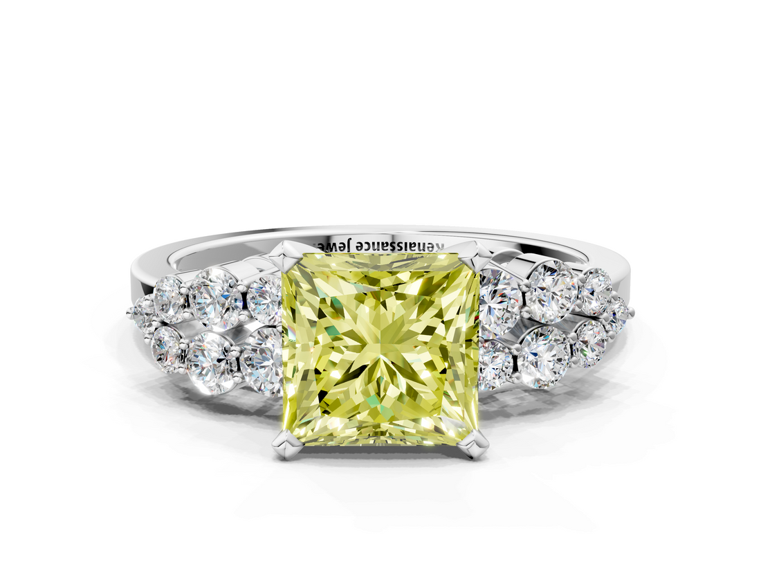 White gold Fancy Yellow Princess  Cluster Diamond Engagement Ring with Pavé Band and Four-Prong Setting