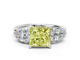 White gold Fancy Yellow Princess  Cluster Diamond Engagement Ring with Pavé Band and Four-Prong Setting