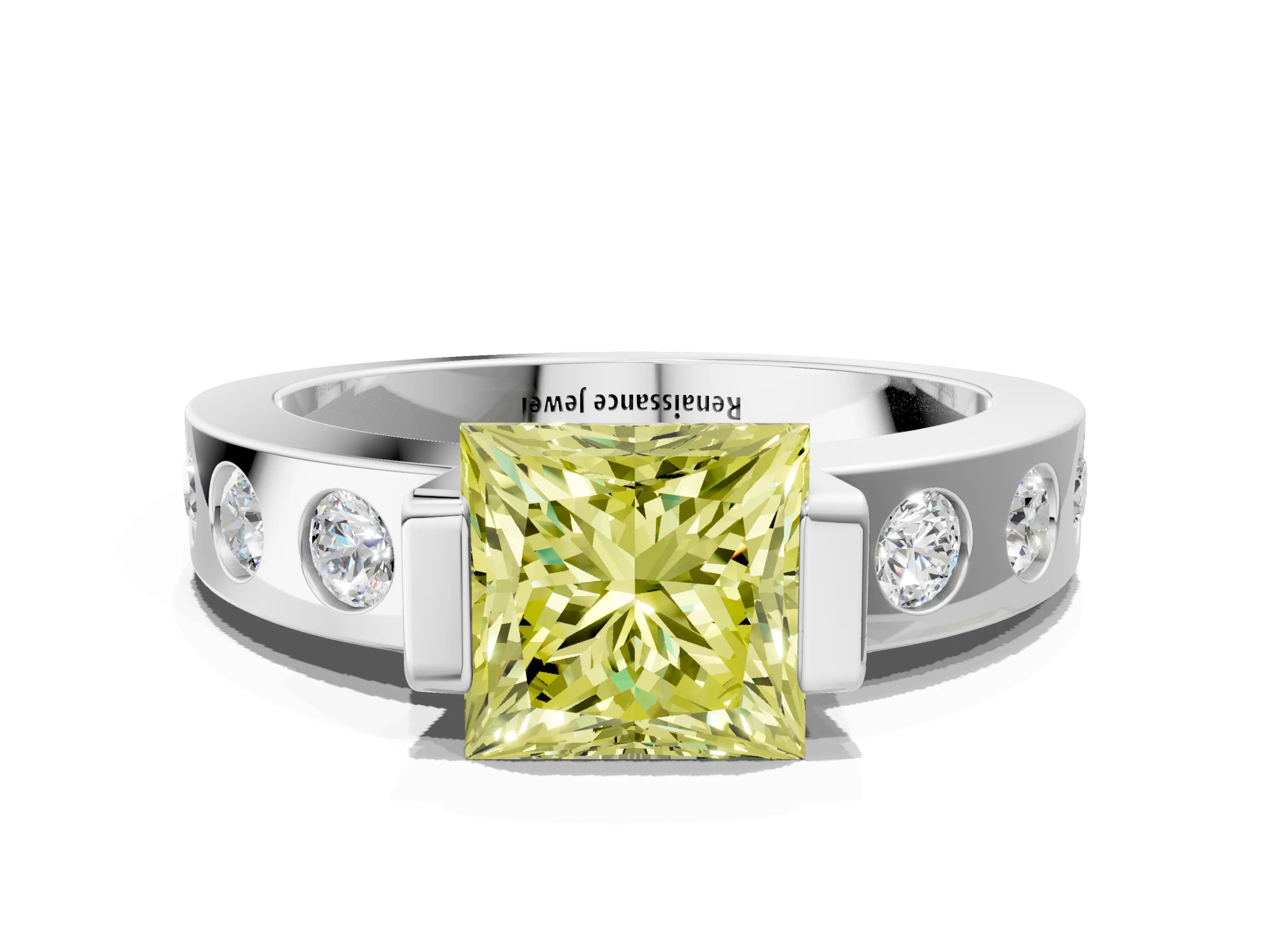 White gold Fancy Yellow Princess Cut Brilliant Channel-Set Diamond Ring with Bezel Prong Setting