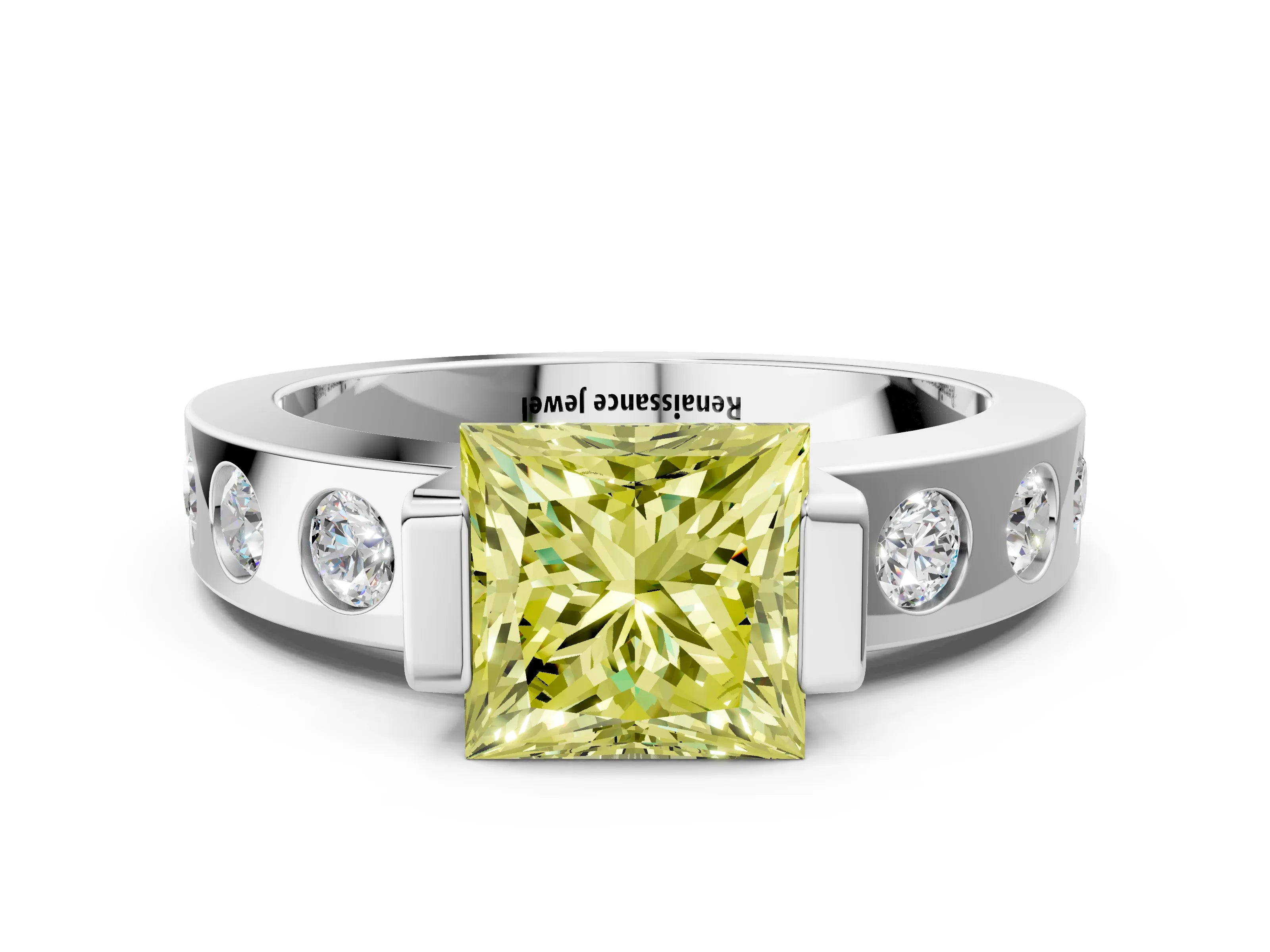 White gold Fancy Yellow Princess Cut Brilliant Channel-Set Diamond Ring with Bezel Prong Setting_12
