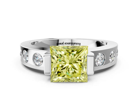 White gold Fancy Yellow Princess Cut Brilliant Channel-Set Diamond Ring with Bezel Prong Setting_12