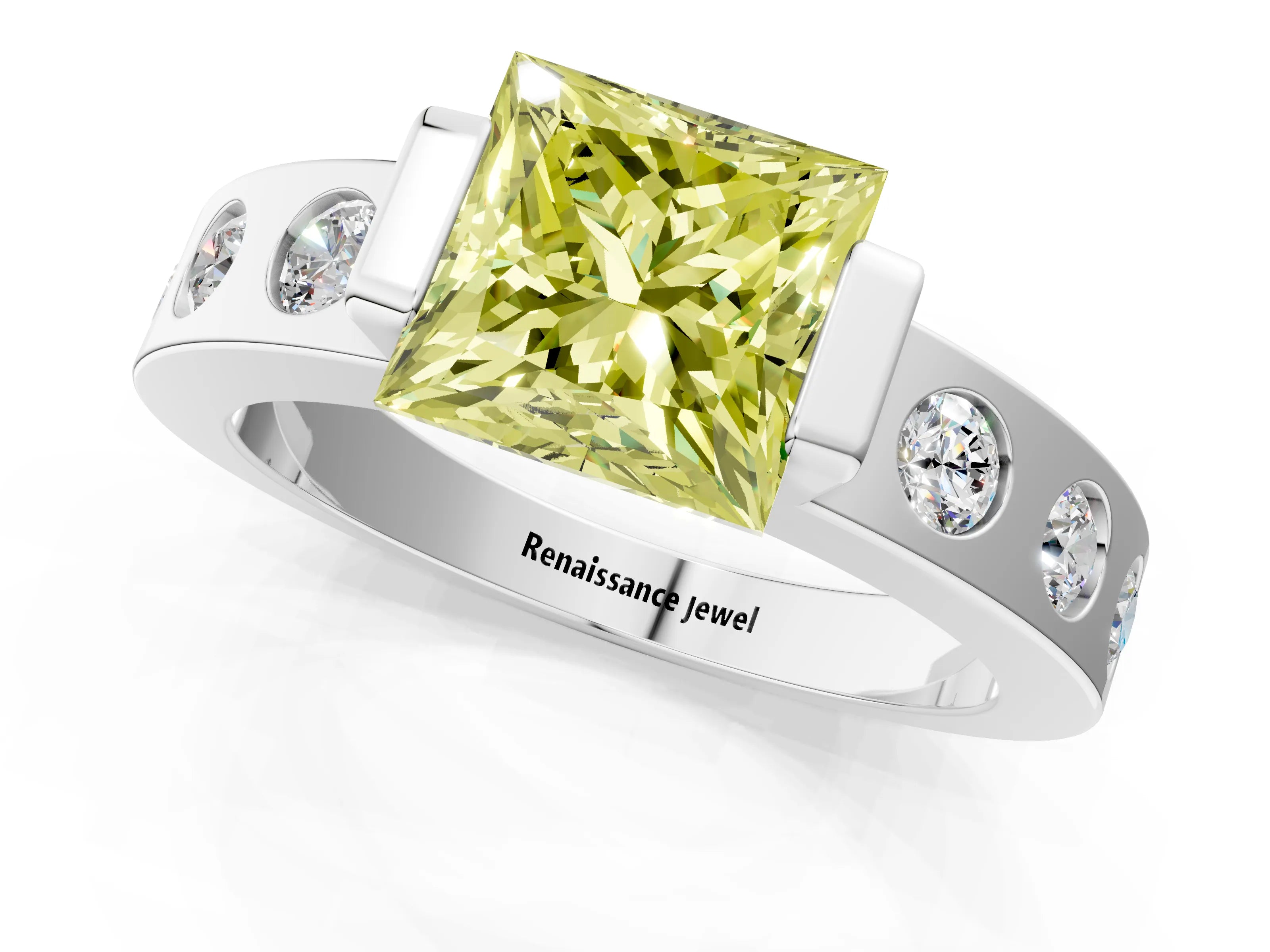 White gold Fancy Yellow Princess Cut Brilliant Channel-Set Diamond Ring with Bezel Prong Setting_13