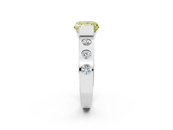 Platinum Fancy Yellow Princess Cut Brilliant Channel-Set Diamond Ring with Bezel Prong Setting
