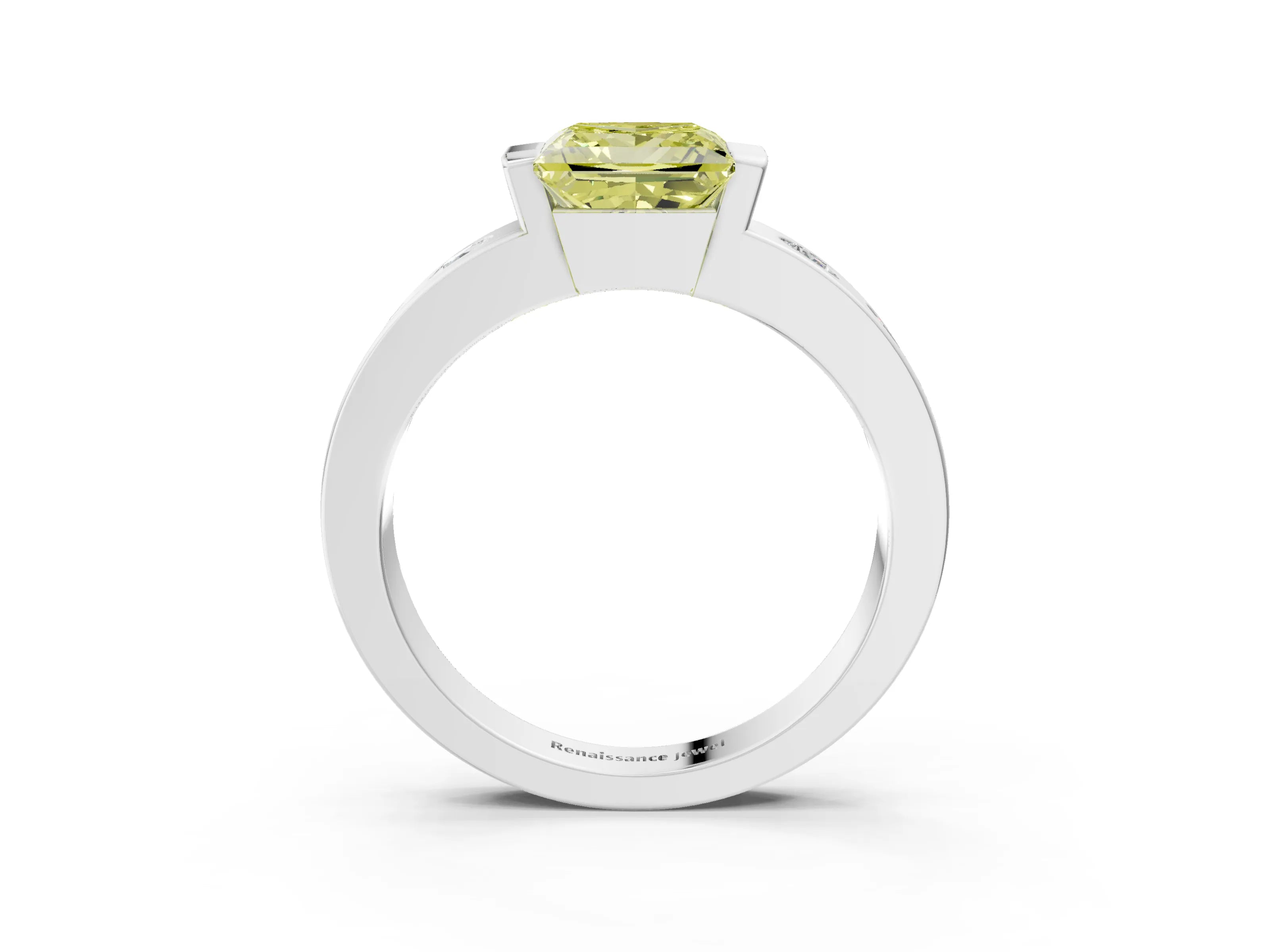 White gold Fancy Yellow Princess Cut Brilliant Channel-Set Diamond Ring with Bezel Prong Setting_3