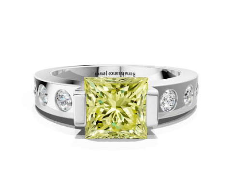 White gold Fancy Yellow Princess Cut Brilliant Channel-Set Diamond Ring with Bezel Prong Setting