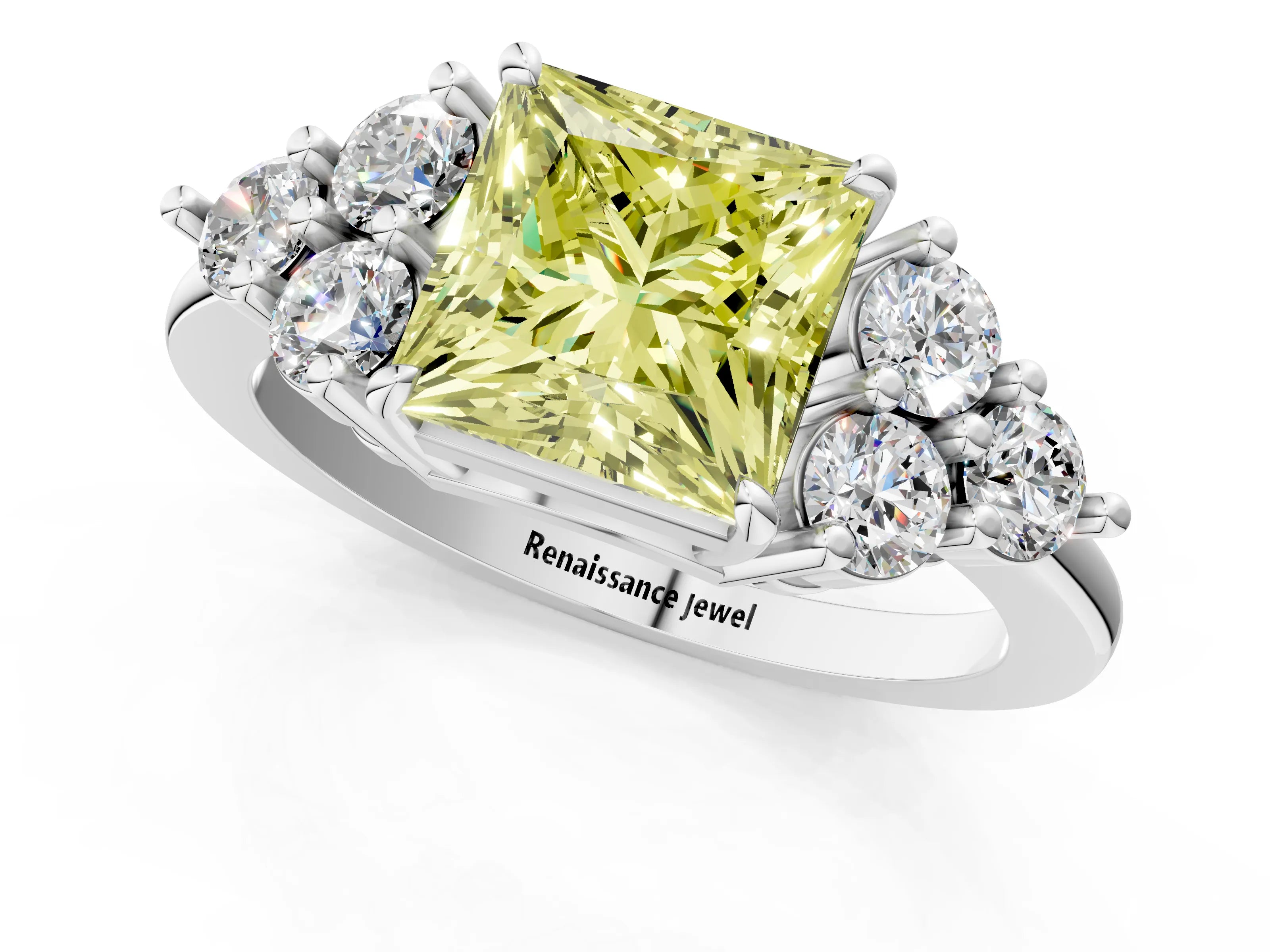 White gold Fancy Yellow Princess Cut Brilliant Diamond Cluster Accent Solitaire Ring with Prong Setting_1