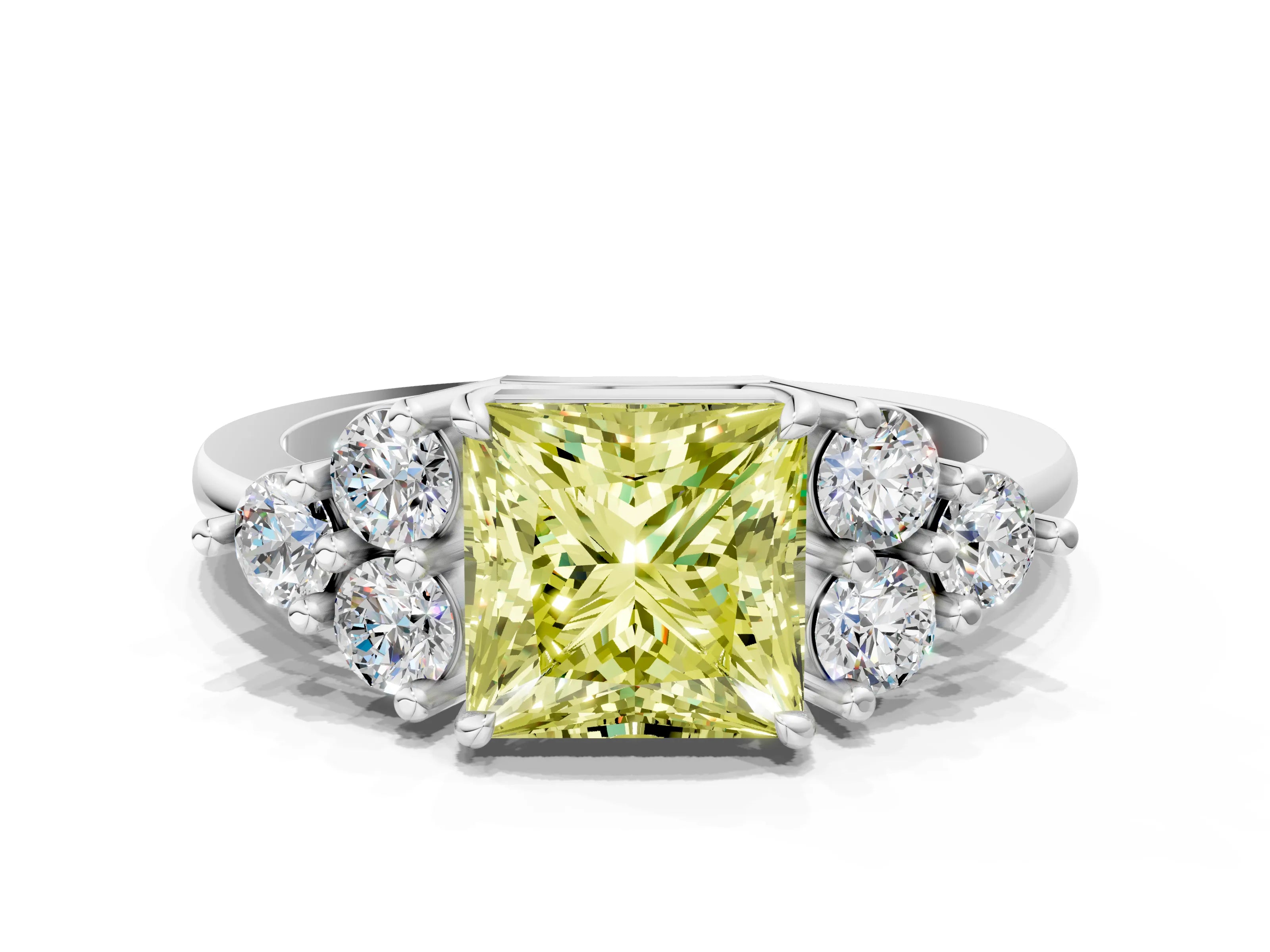 White gold Fancy Yellow Princess Cut Brilliant Diamond Cluster Accent Solitaire Ring with Prong Setting_24