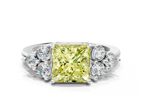 White gold Fancy Yellow Princess Cut Brilliant Diamond Cluster Accent Solitaire Ring with Prong Setting