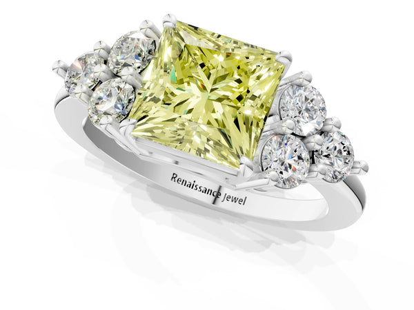White gold Fancy Yellow Princess Cut Brilliant Diamond Cluster Accent Solitaire Ring with Prong Setting