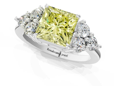 White gold Fancy Yellow Princess Cut Brilliant Diamond Cluster Accent Solitaire Ring with Prong Setting_25
