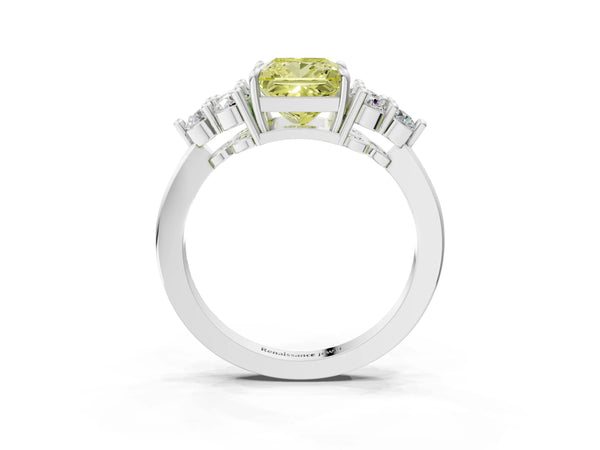 White gold Fancy Yellow Princess Cut Brilliant Diamond Cluster Accent Solitaire Ring with Prong Setting