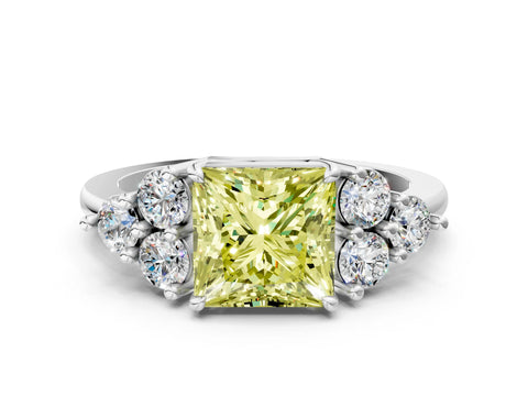 White gold Fancy Yellow Princess Cut Brilliant Diamond Cluster Accent Solitaire Ring with Prong Setting