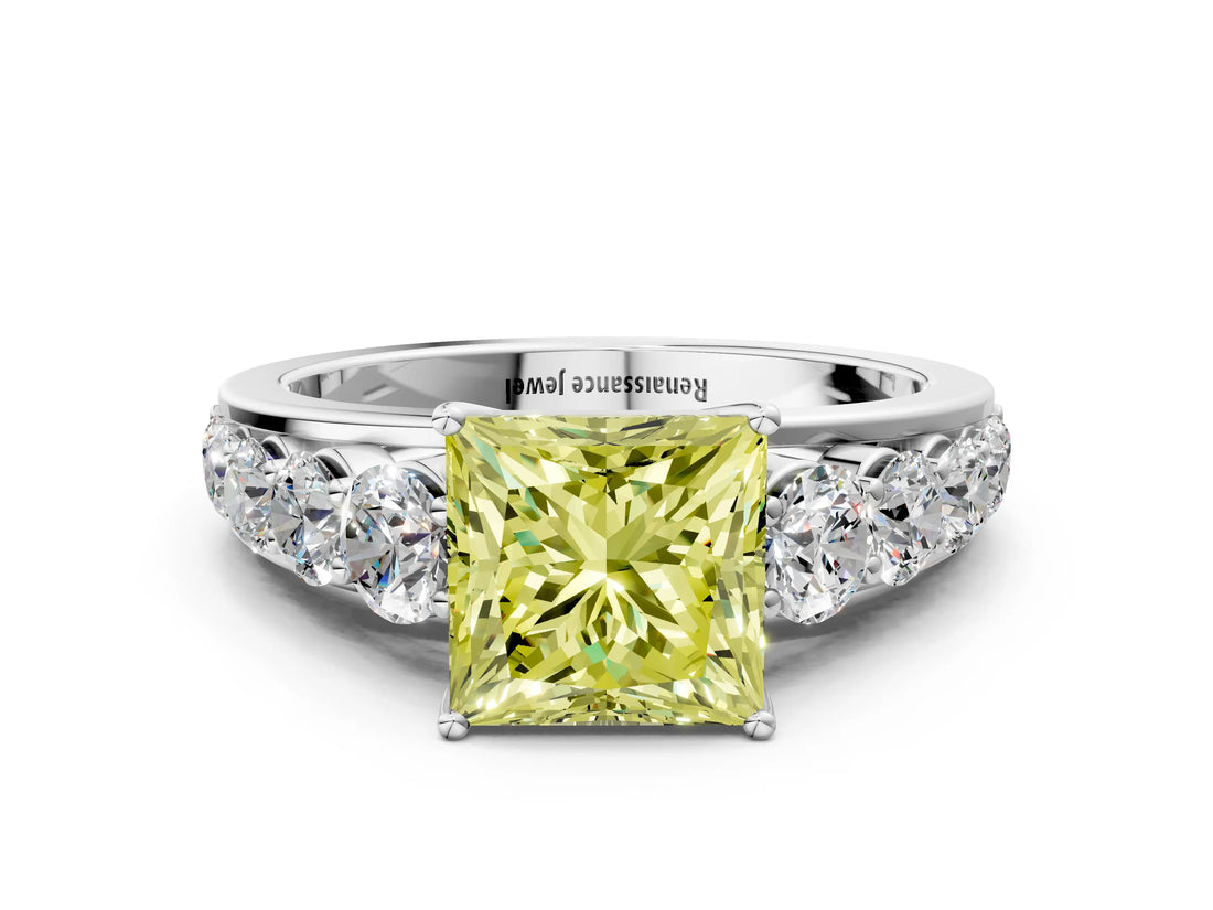 White gold Fancy Yellow Princess Cut Brilliant Diamond Pavé Band with Six-Prong Setting_12