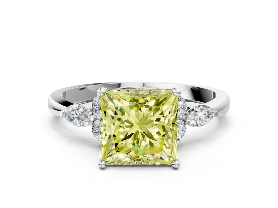 White gold Fancy Yellow Princess Cut Brilliant Diamond Solitaire Ring with Pear Side Stones and Four-Prong Setting_6