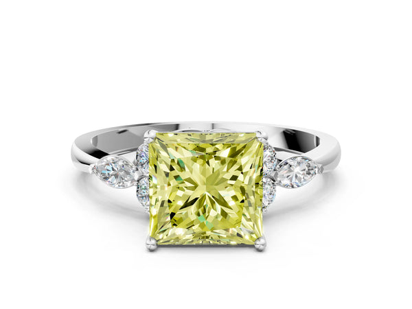White gold Fancy Yellow Princess Cut Brilliant Diamond Solitaire Ring with Pear Side Stones and Four-Prong Setting