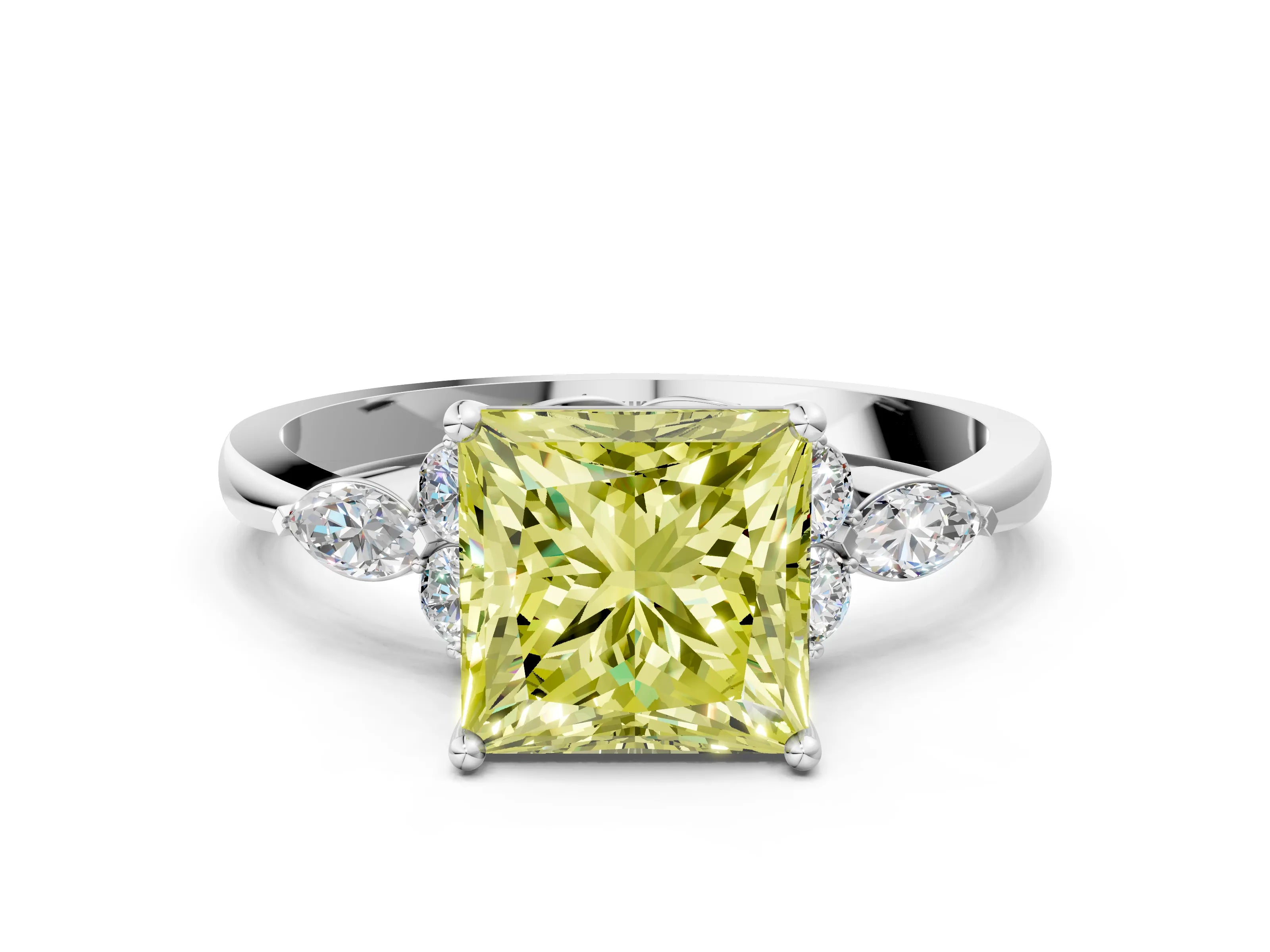 White gold Fancy Yellow Princess Cut Brilliant Diamond Solitaire Ring with Pear Side Stones and Four-Prong Setting_6