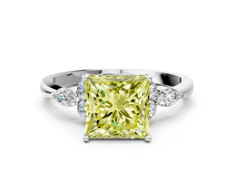 White gold Fancy Yellow Princess Cut Brilliant Diamond Solitaire Ring with Pear Side Stones and Four-Prong Setting_6