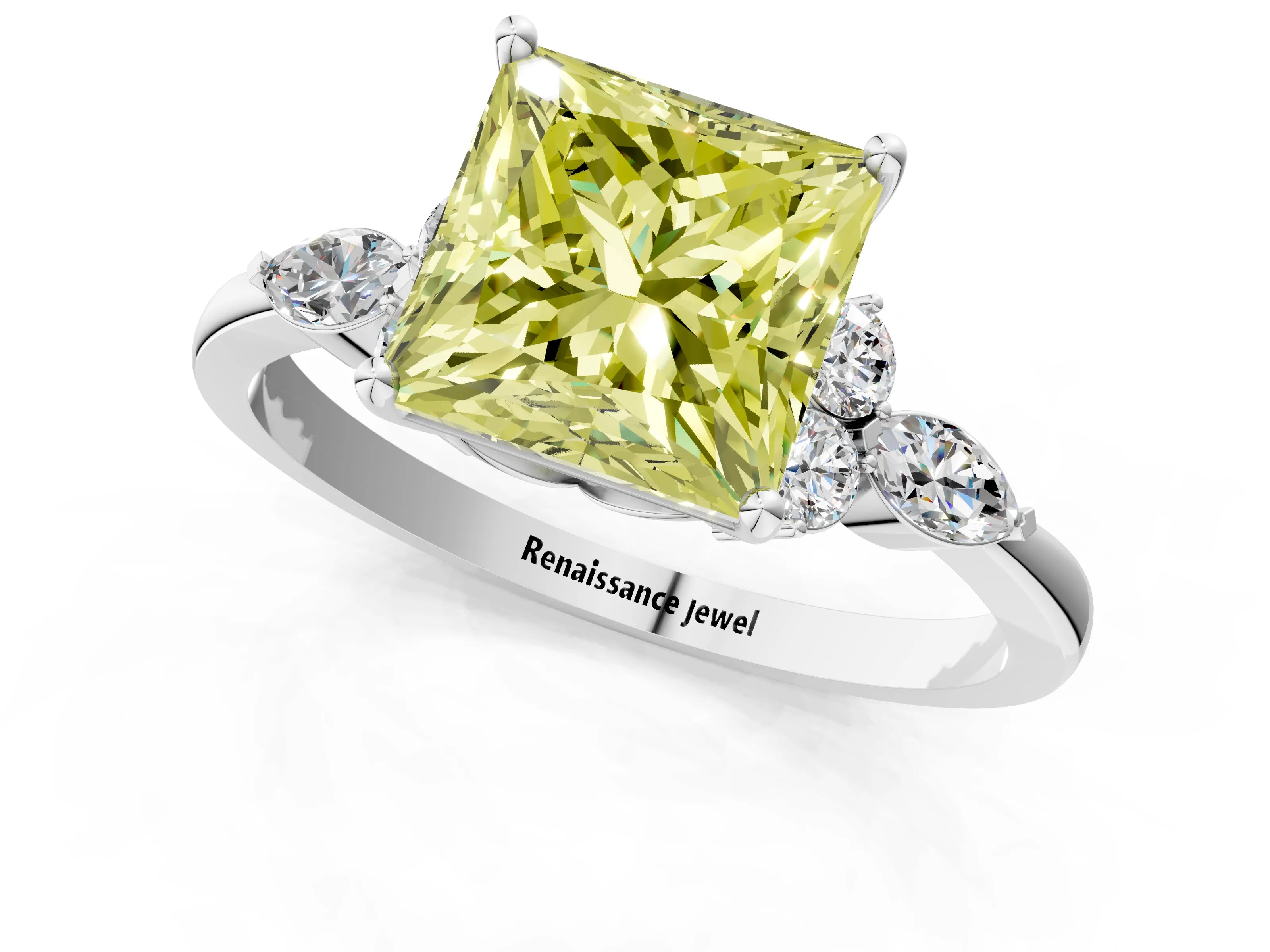 White gold Fancy Yellow Princess Cut Brilliant Diamond Solitaire Ring with Pear Side Stones and Four-Prong Setting_7