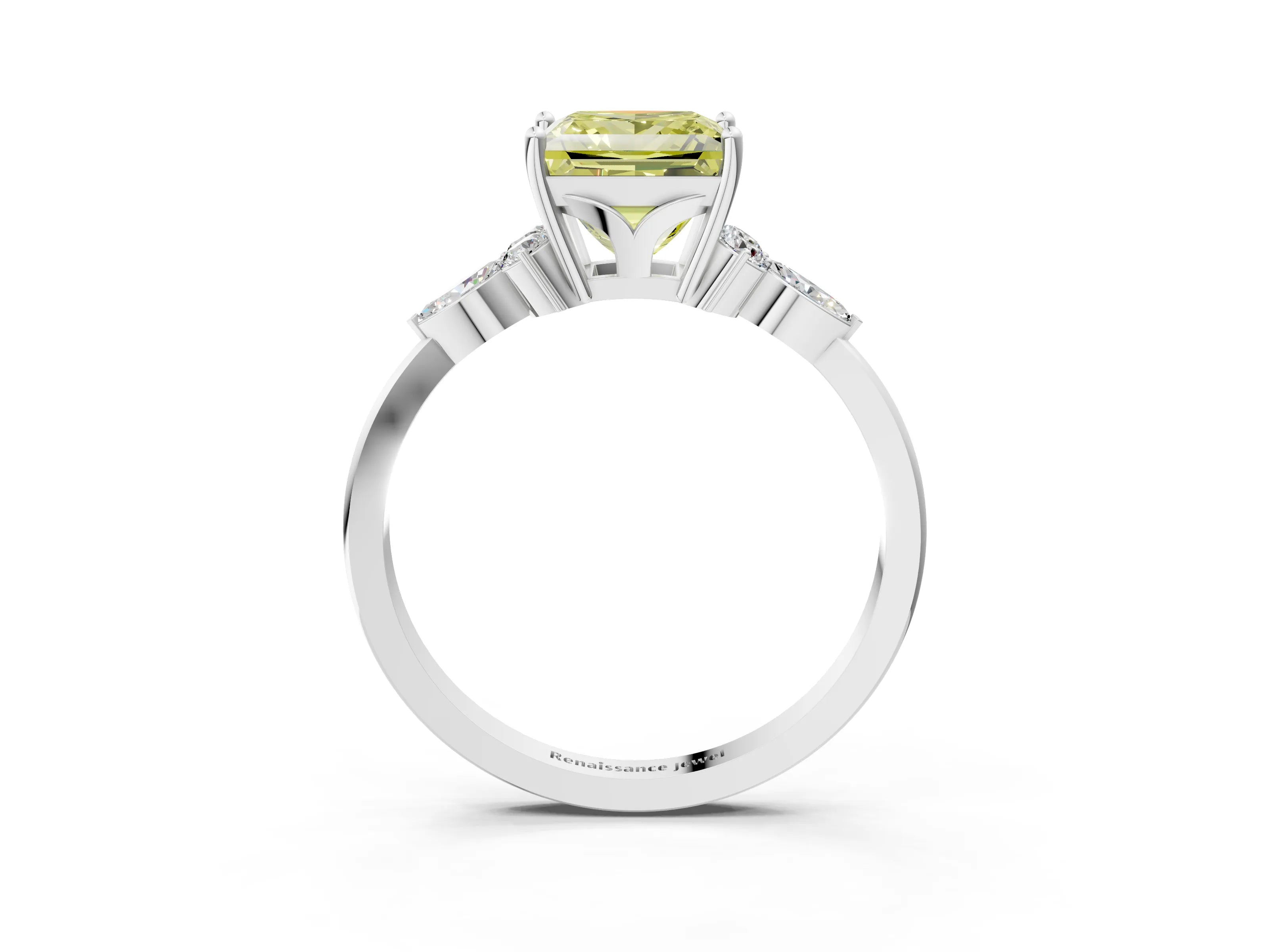 White gold Fancy Yellow Princess Cut Brilliant Diamond Solitaire Ring with Pear Side Stones and Four-Prong Setting_9