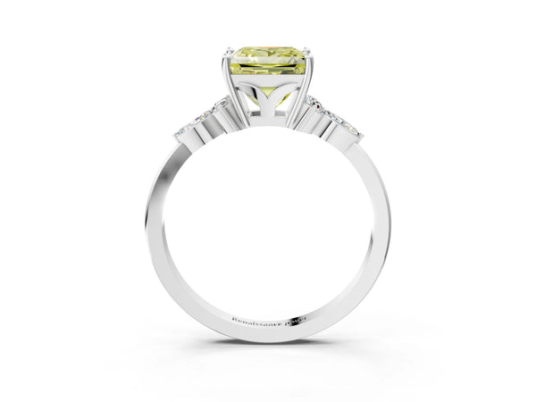 White gold Fancy Yellow Princess Cut Brilliant Diamond Solitaire Ring with Pear Side Stones and Four-Prong Setting