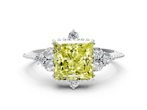Platinum Fancy Yellow Princess Cut Brilliant Diamond with Cluster Setting on a Beaded Band and Four-Prong Setting