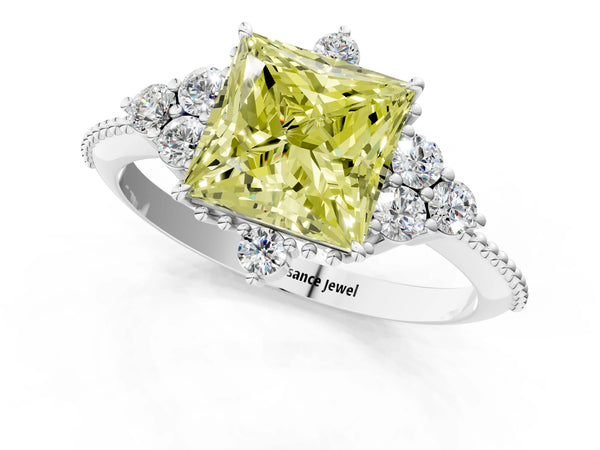 Platinum Fancy Yellow Princess Cut Brilliant Diamond with Cluster Setting on a Beaded Band and Four-Prong Setting