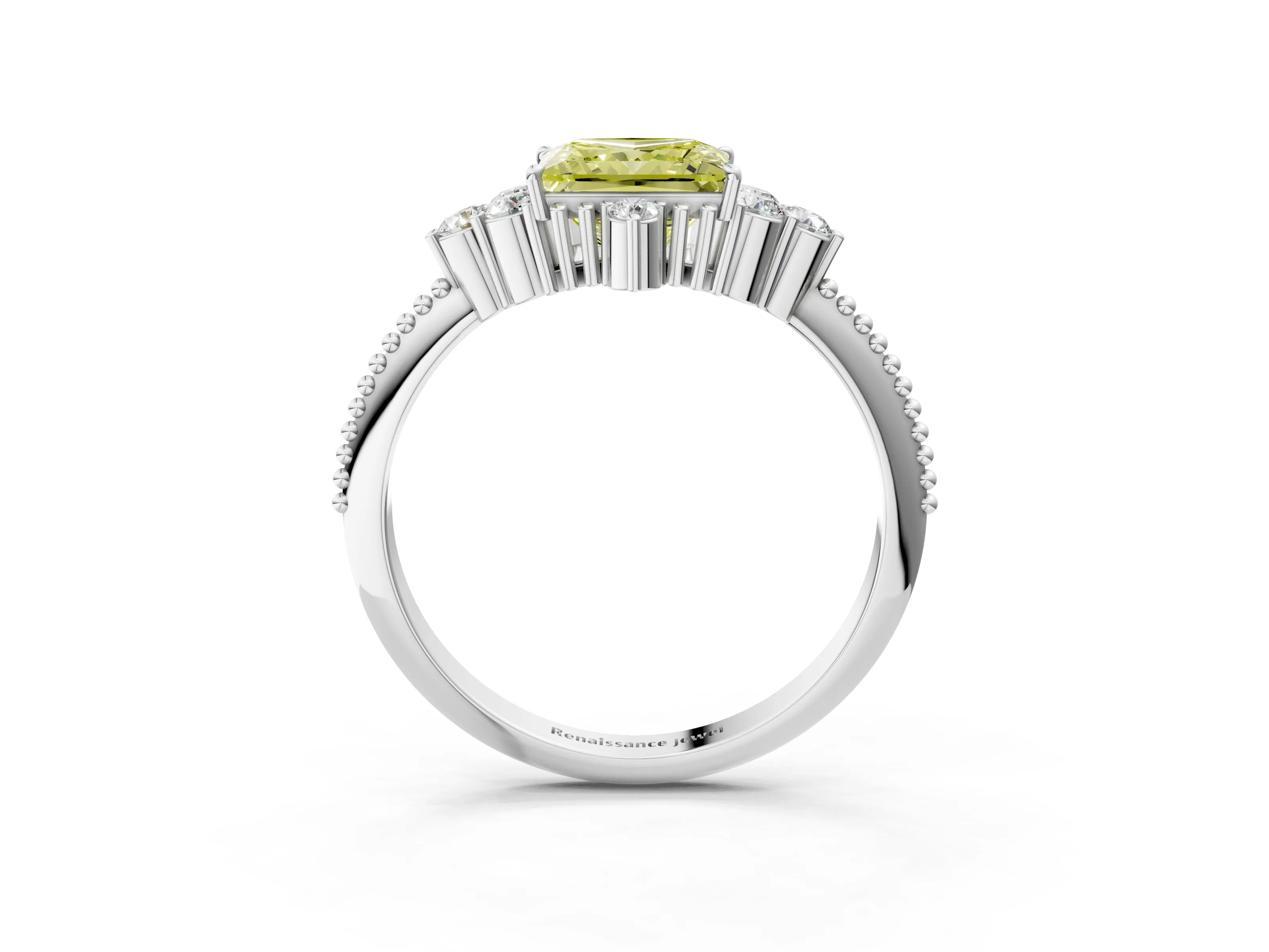 White gold Fancy Yellow Princess Cut Brilliant Diamond with Cluster Setting on a Beaded Band and Four-Prong Setting_15