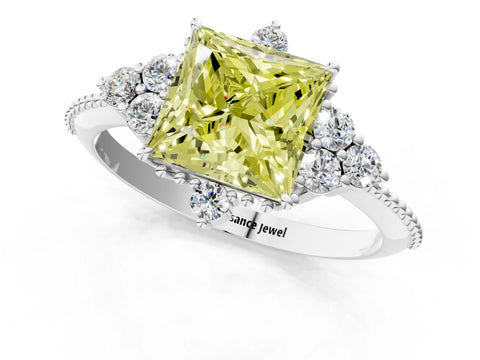 White gold Fancy Yellow Princess Cut Brilliant Diamond with Cluster Setting on a Beaded Band and Four-Prong Setting_1