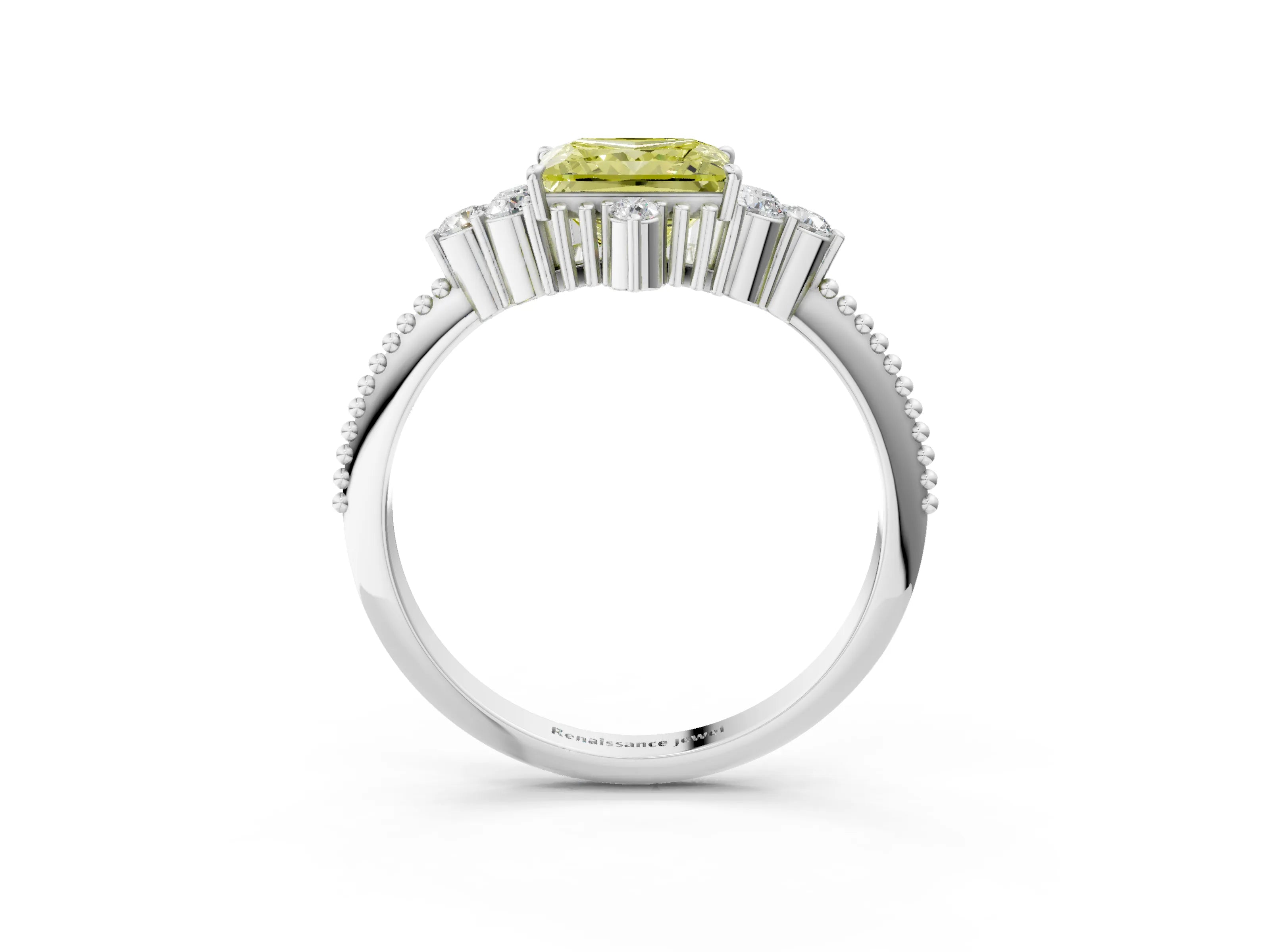 White gold Fancy Yellow Princess Cut Brilliant Diamond with Cluster Setting on a Beaded Band and Four-Prong Setting_48