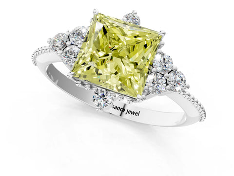 White gold Fancy Yellow Princess Cut Brilliant Diamond with Cluster Setting on a Beaded Band and Four-Prong Setting_49