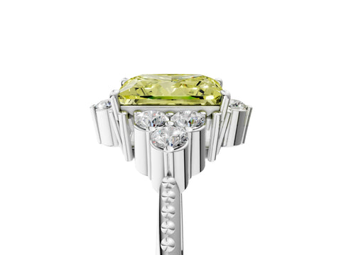 White gold Fancy Yellow Princess Cut Brilliant Diamond with Cluster Setting on a Beaded Band and Four-Prong Setting_50