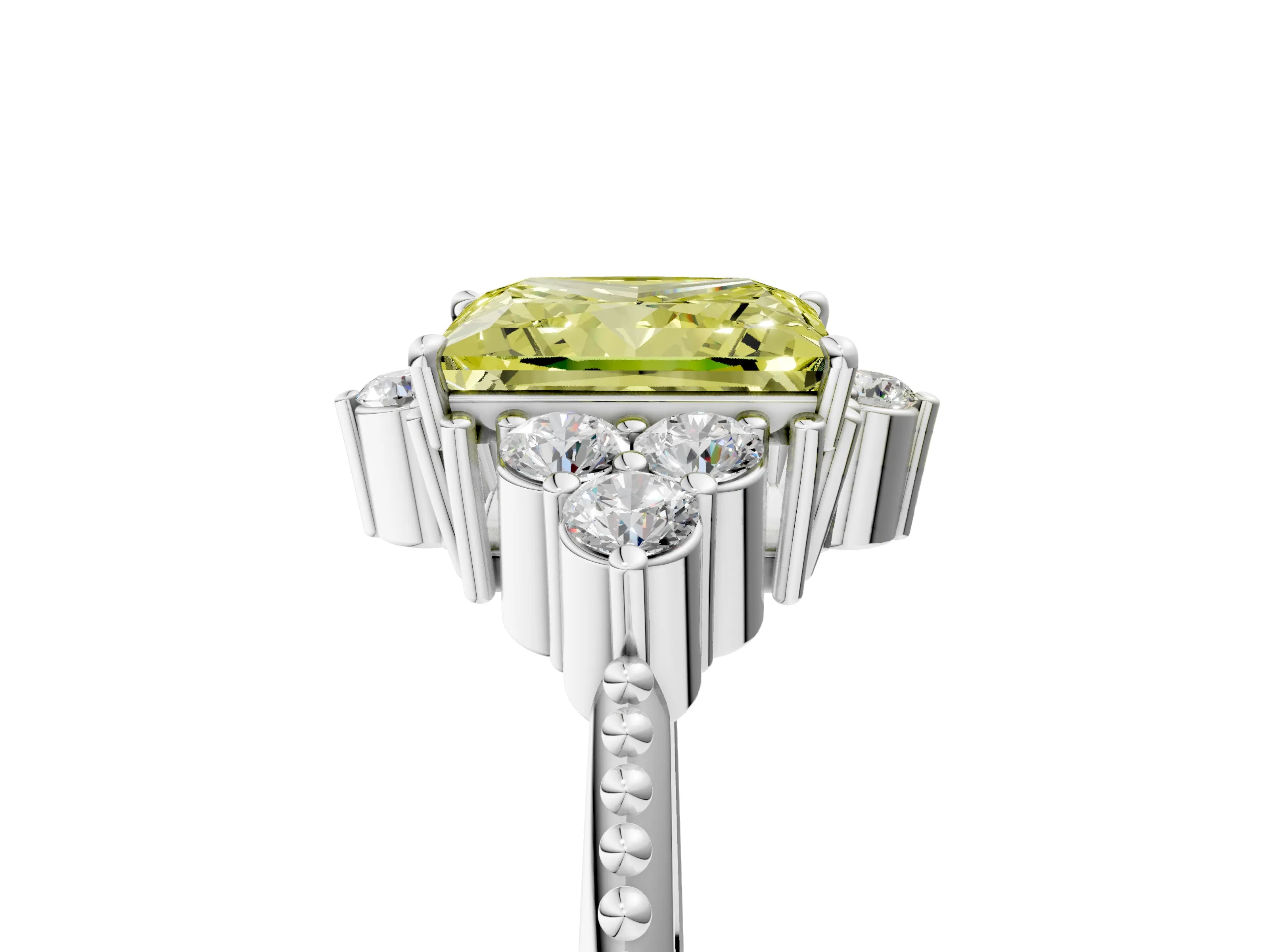 White gold Fancy Yellow Princess Cut Brilliant Diamond with Cluster Setting on a Beaded Band and Four-Prong Setting_53