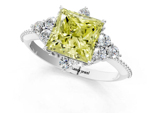 White gold Fancy Yellow Princess Cut Brilliant Diamond with Cluster Setting on a Beaded Band and Four-Prong Setting_61