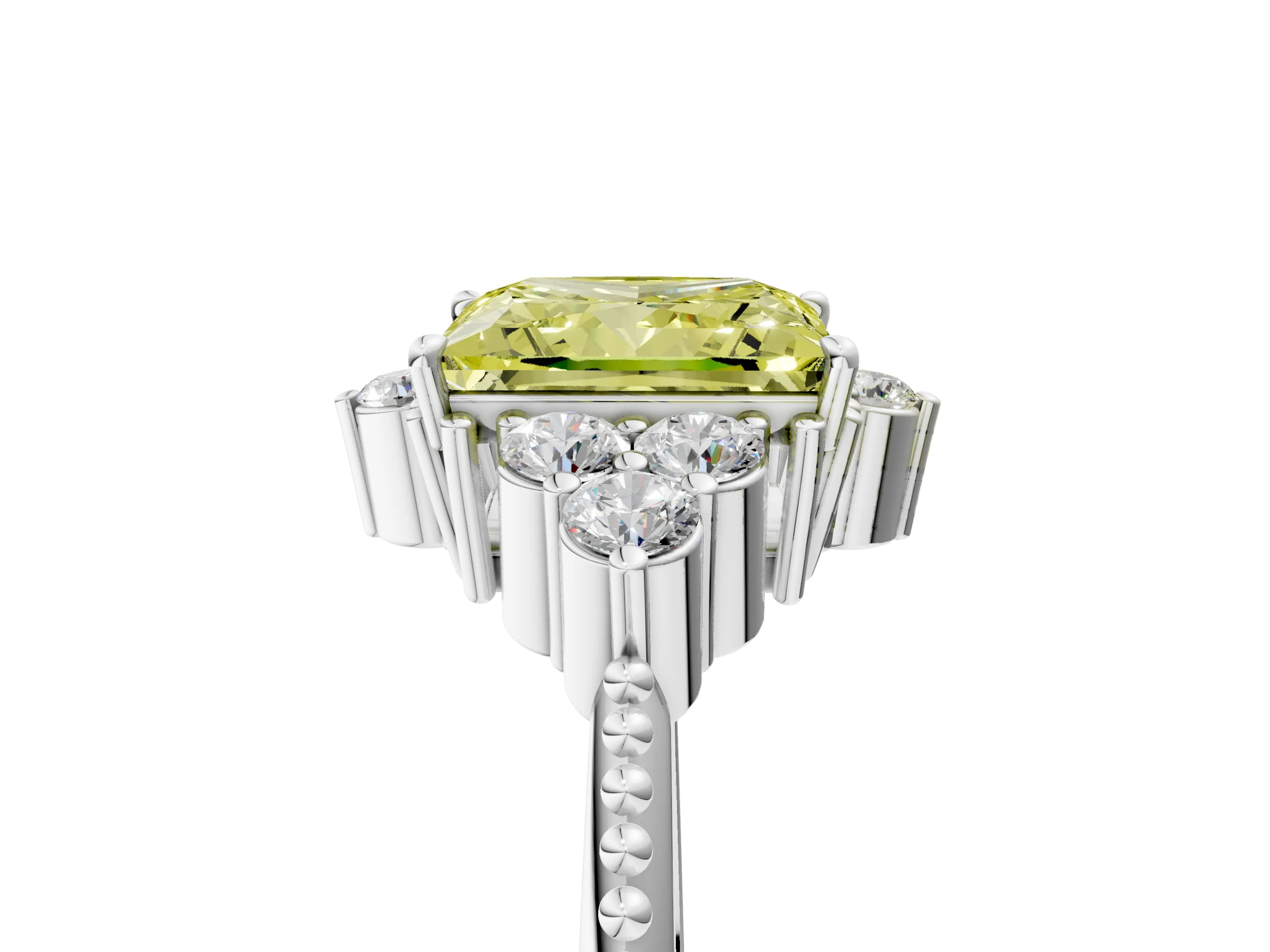 White gold Fancy Yellow Princess Cut Brilliant Diamond with Cluster Setting on a Beaded Band and Four-Prong Setting_65