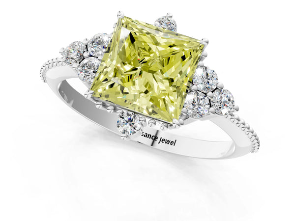 White Gold Princess Cut Beaded Cluster Engagement Ring Setting for Fancy Yellow Center