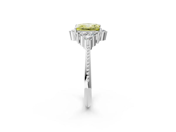 White Gold Princess Cut Beaded Cluster Engagement Ring Setting for Fancy Yellow Center