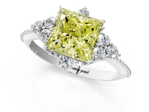 White gold Fancy Yellow Princess Cut Brilliant Diamond with Cluster Setting on a Beaded Band and Four-Prong Setting_73