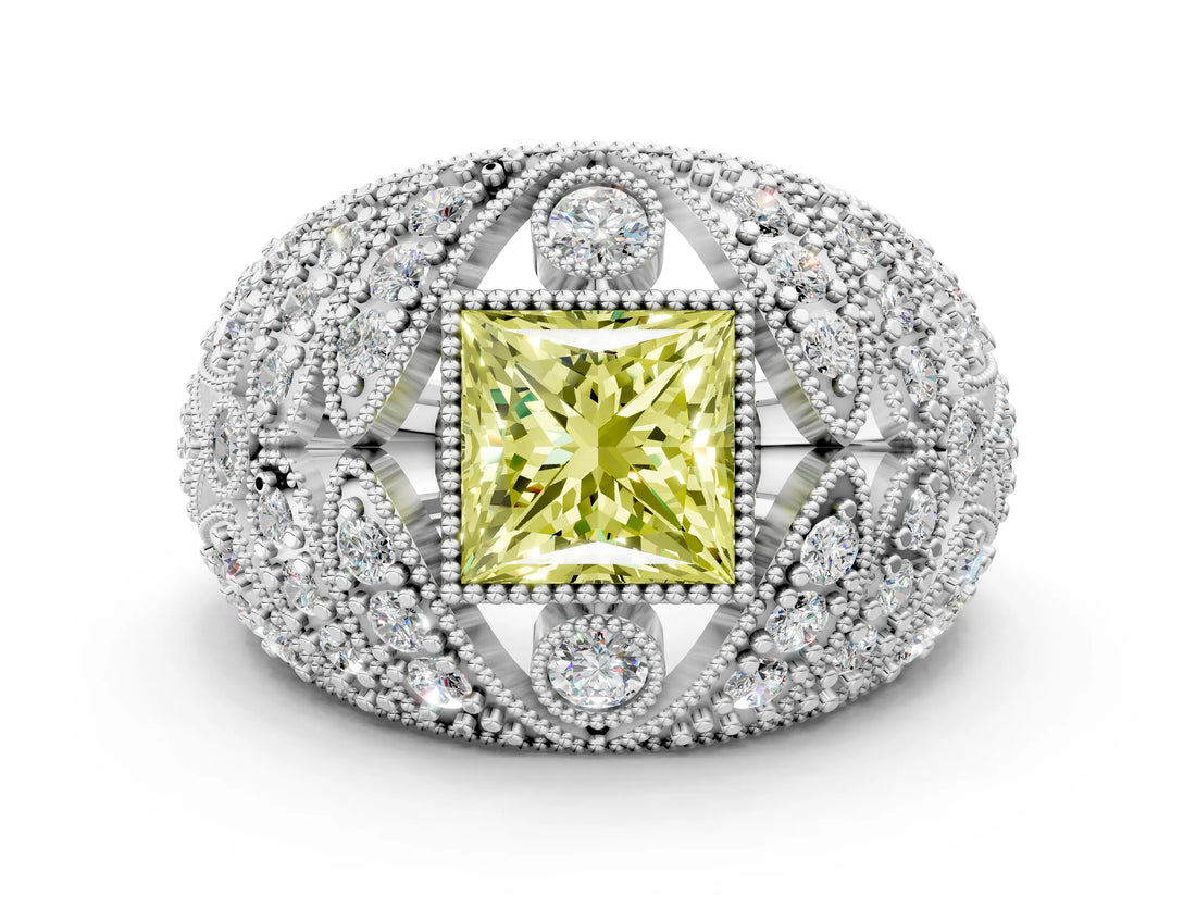 White gold Fancy Yellow Princess Cut Brilliant Halo Pave Diamond Milgrain Ring