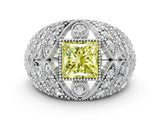 White gold Fancy Yellow Princess Cut Brilliant Halo Pave Diamond Milgrain Ring
