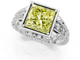 White gold Fancy Yellow Princess Cut Brilliant Milgrain Filigree Diamond Ring with Square Prong Setting_1