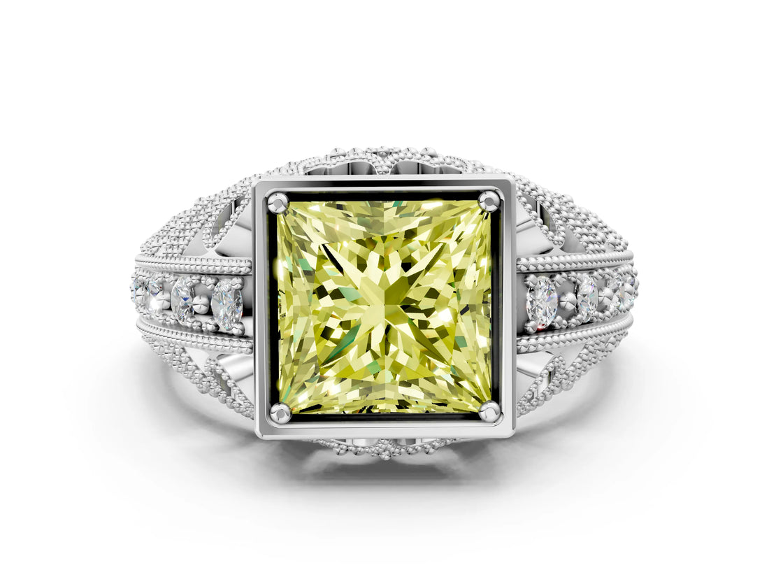 White gold Fancy Yellow Princess Cut Brilliant Milgrain Filigree Diamond Ring with Square Prong Setting