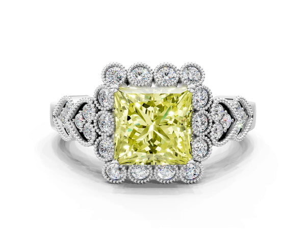 Platinum Fancy Yellow Princess Cut Brilliant Milgrain Pave Heart Band Solitaire Ring