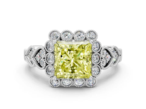 White gold Fancy Yellow Princess Cut Brilliant Milgrain Pave Heart Band Solitaire Ring