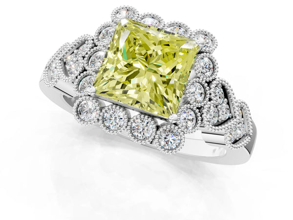 Platinum Fancy Yellow Princess Cut Brilliant Milgrain Pave Heart Band Solitaire Ring