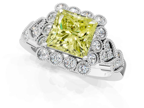 White gold Fancy Yellow Princess Cut Brilliant Milgrain Pave Heart Band Solitaire Ring_1
