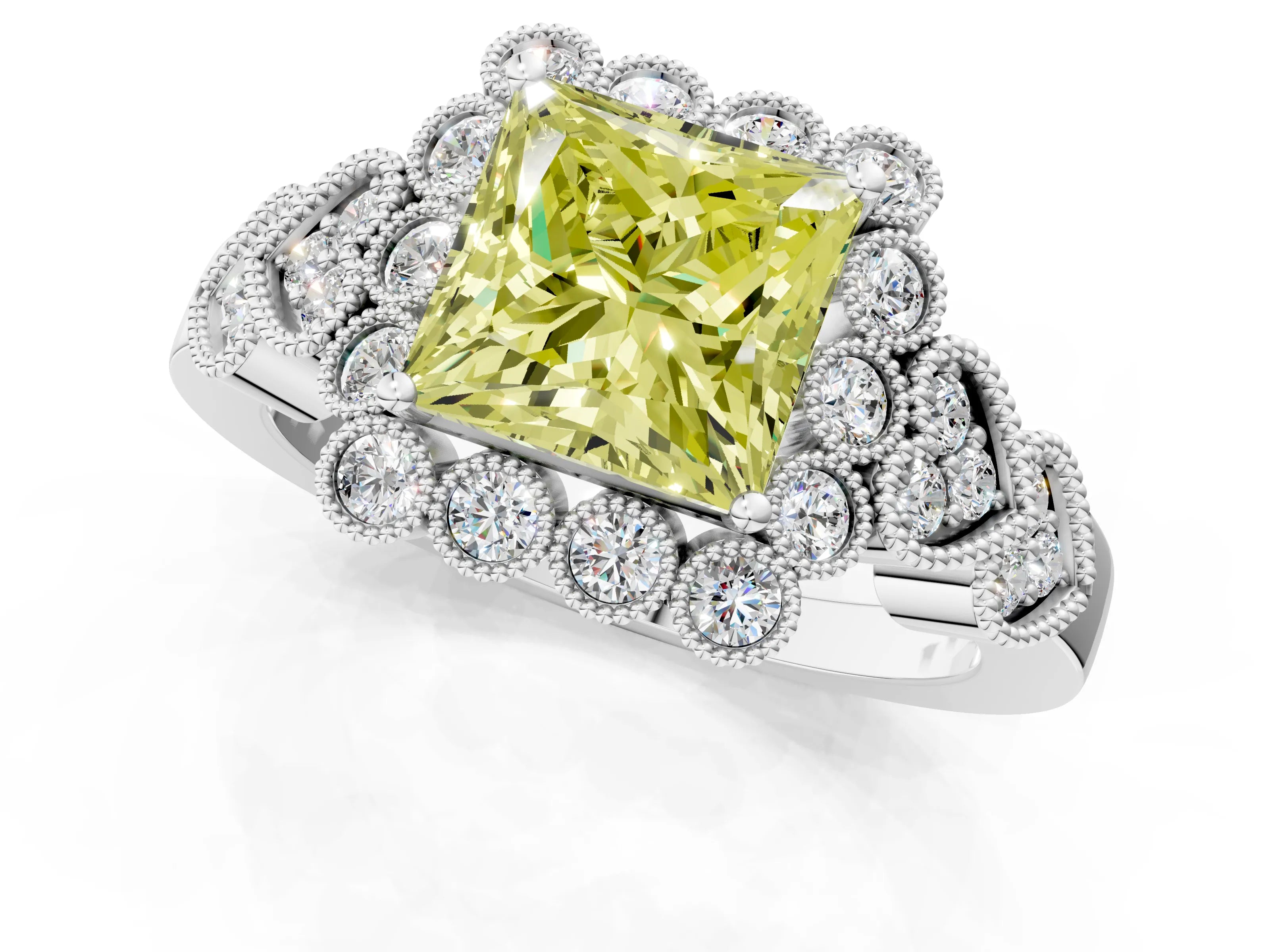 White gold Fancy Yellow Princess Cut Brilliant Milgrain Pave Heart Band Solitaire Ring_1