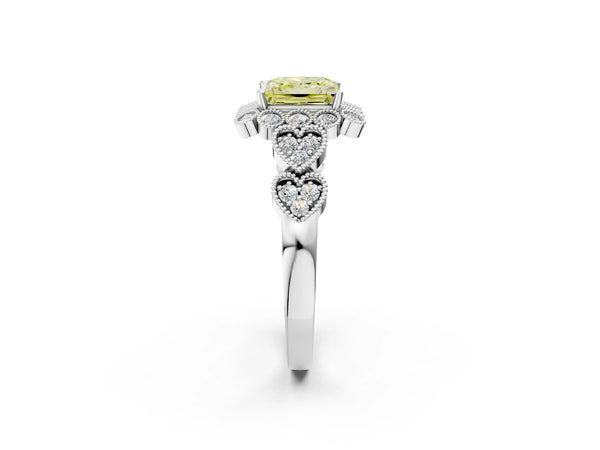 Platinum Fancy Yellow Princess Cut Brilliant Milgrain Pave Heart Band Solitaire Ring