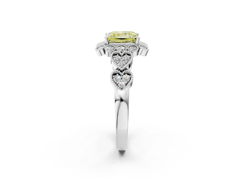 White gold Fancy Yellow Princess Cut Brilliant Milgrain Pave Heart Band Solitaire Ring_2