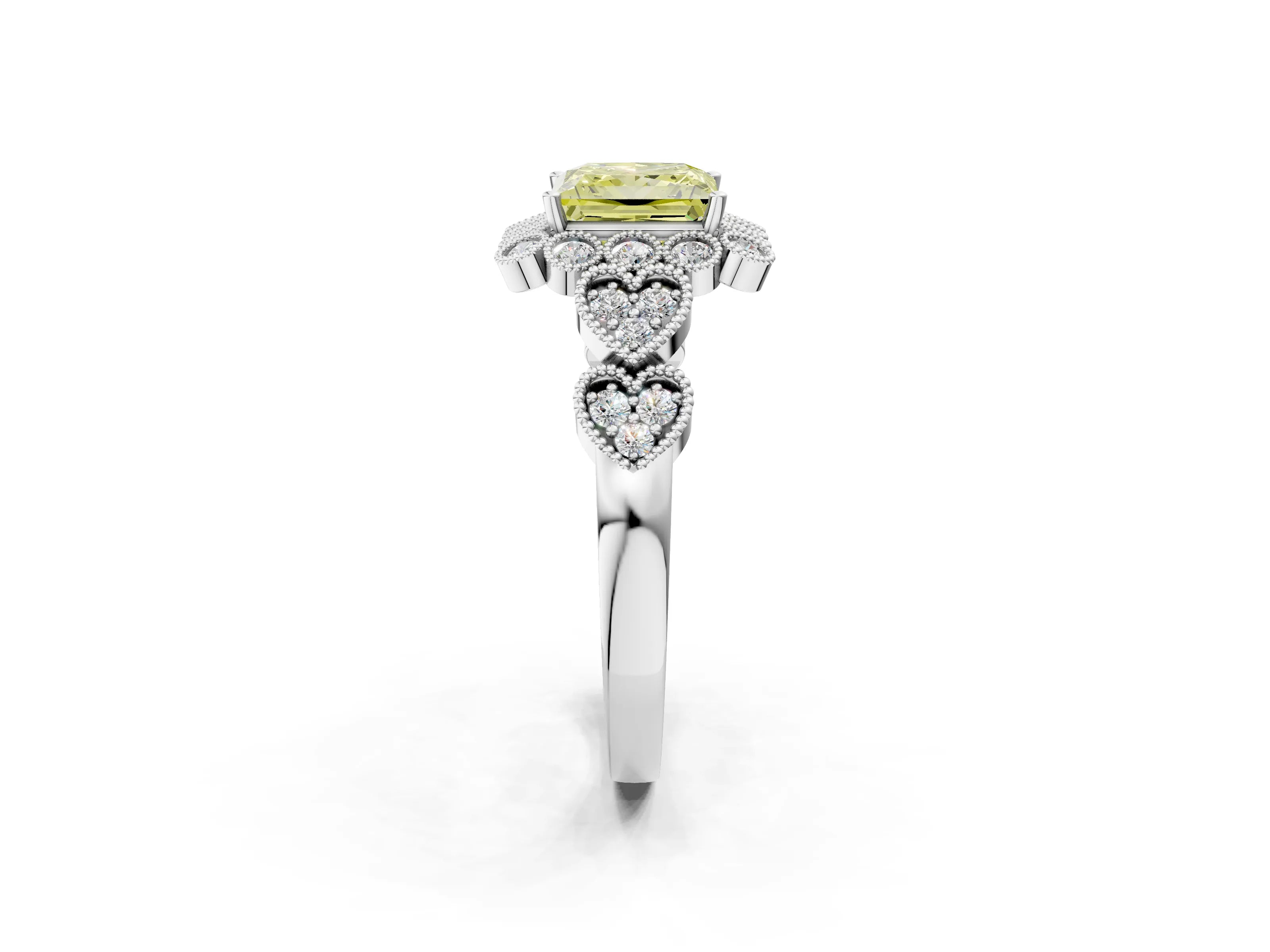 White gold Fancy Yellow Princess Cut Brilliant Milgrain Pave Heart Band Solitaire Ring_2