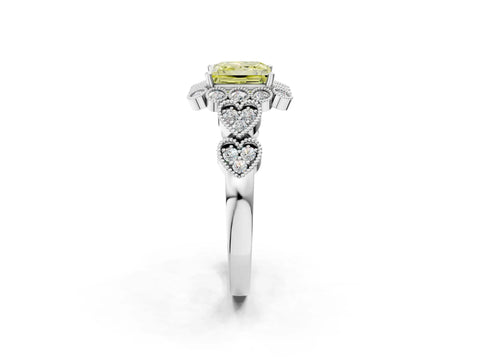 White gold Fancy Yellow Princess Cut Brilliant Milgrain Pave Heart Band Solitaire Ring_2